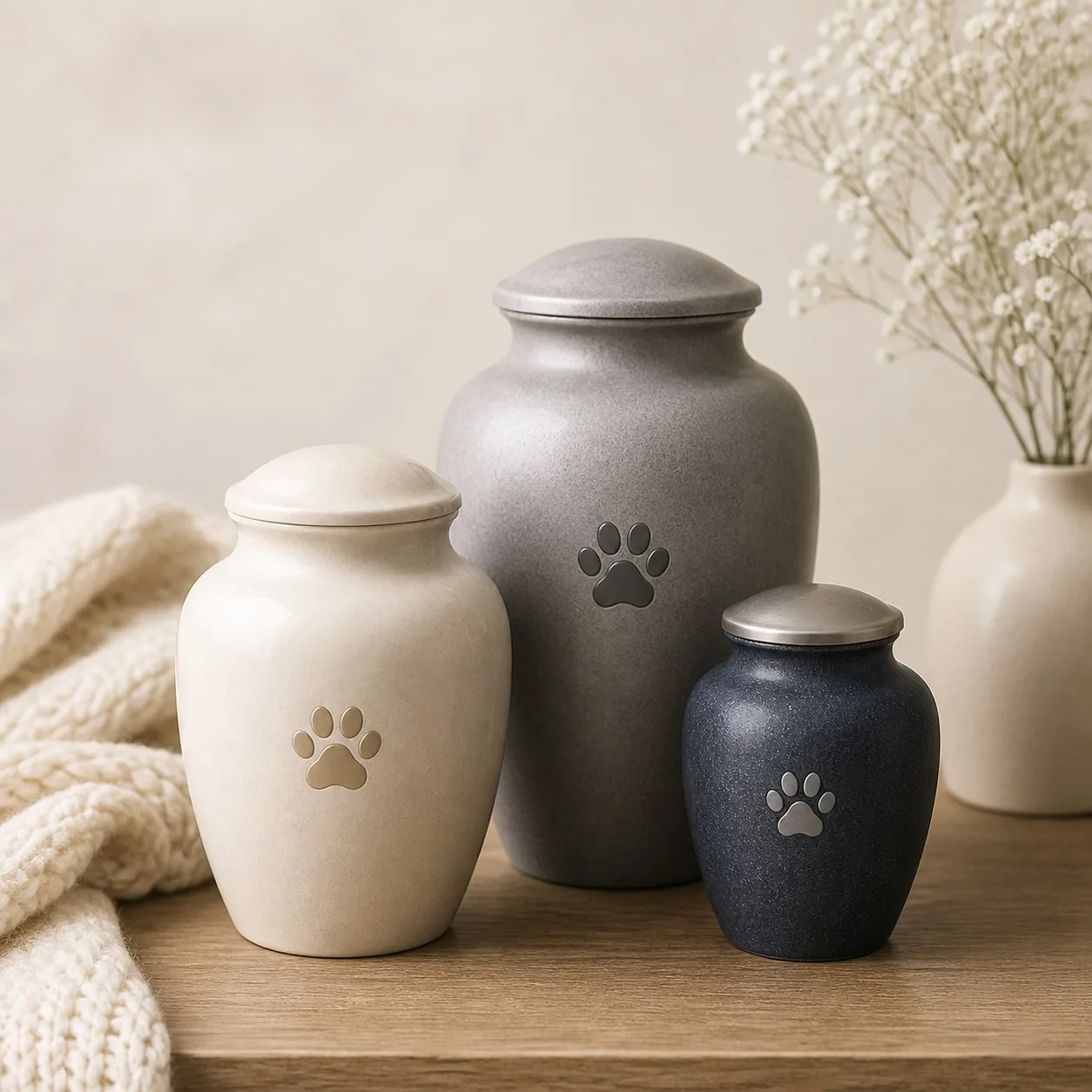 Three pet urns with paw print emblems on a wooden surface beside soft greenery
