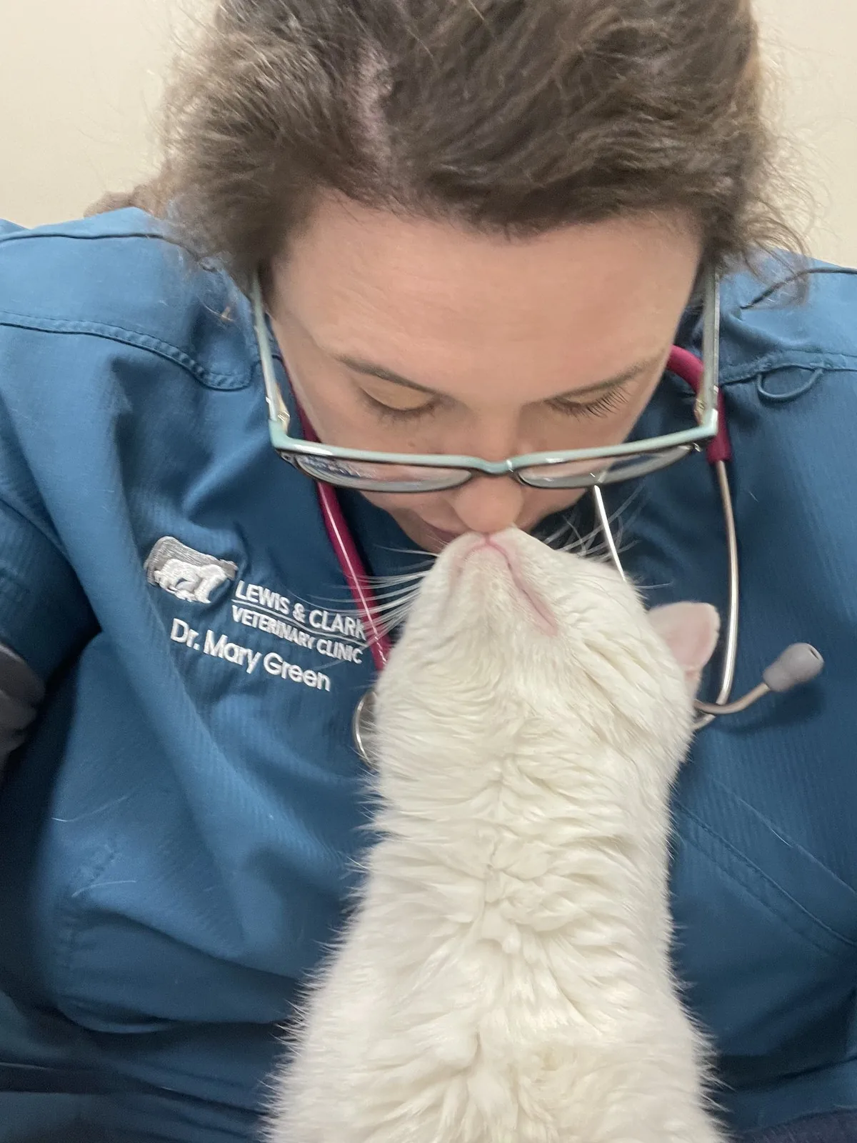 Dr. Mary Green gently touching noses with a fluffy white cat