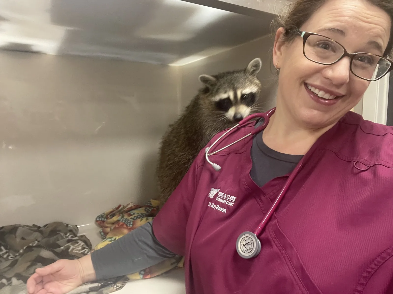 Dr. Mary Green smiling in Lewis and Clark scrubs beside a raccoon patient in the clinic