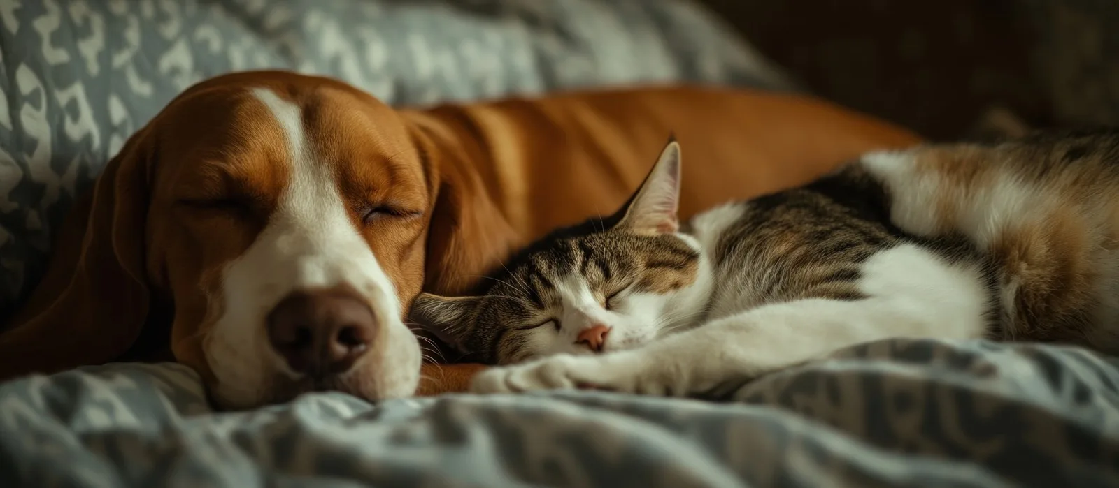 A sleeping beagle and tabby cat snuggled together at home — warm, same-day urgent care